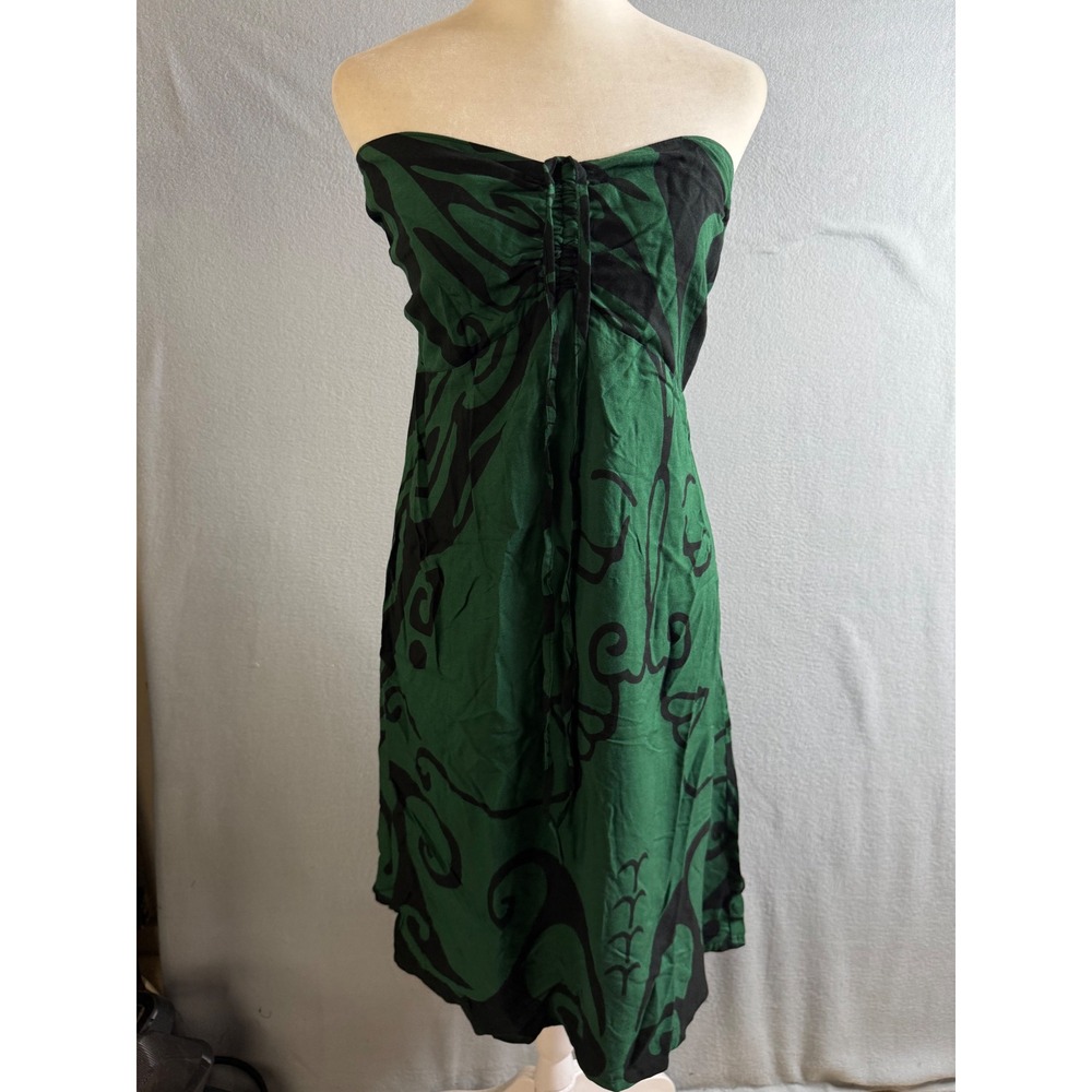 Wahine Toa Designs Dress Women's Large Strapless Dress Green Black Print Smocked